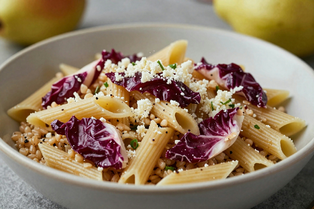 Mai più un primo piatto banale: prova queste penne di farro con radicchio, gorgonzola e pera